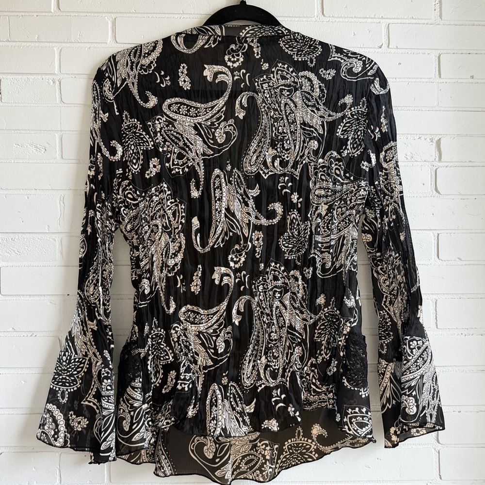 Robbie Bee Paisley Tie Neck Blouse Ruffle Peplum Sheer Boho L - Picture 2 of 4